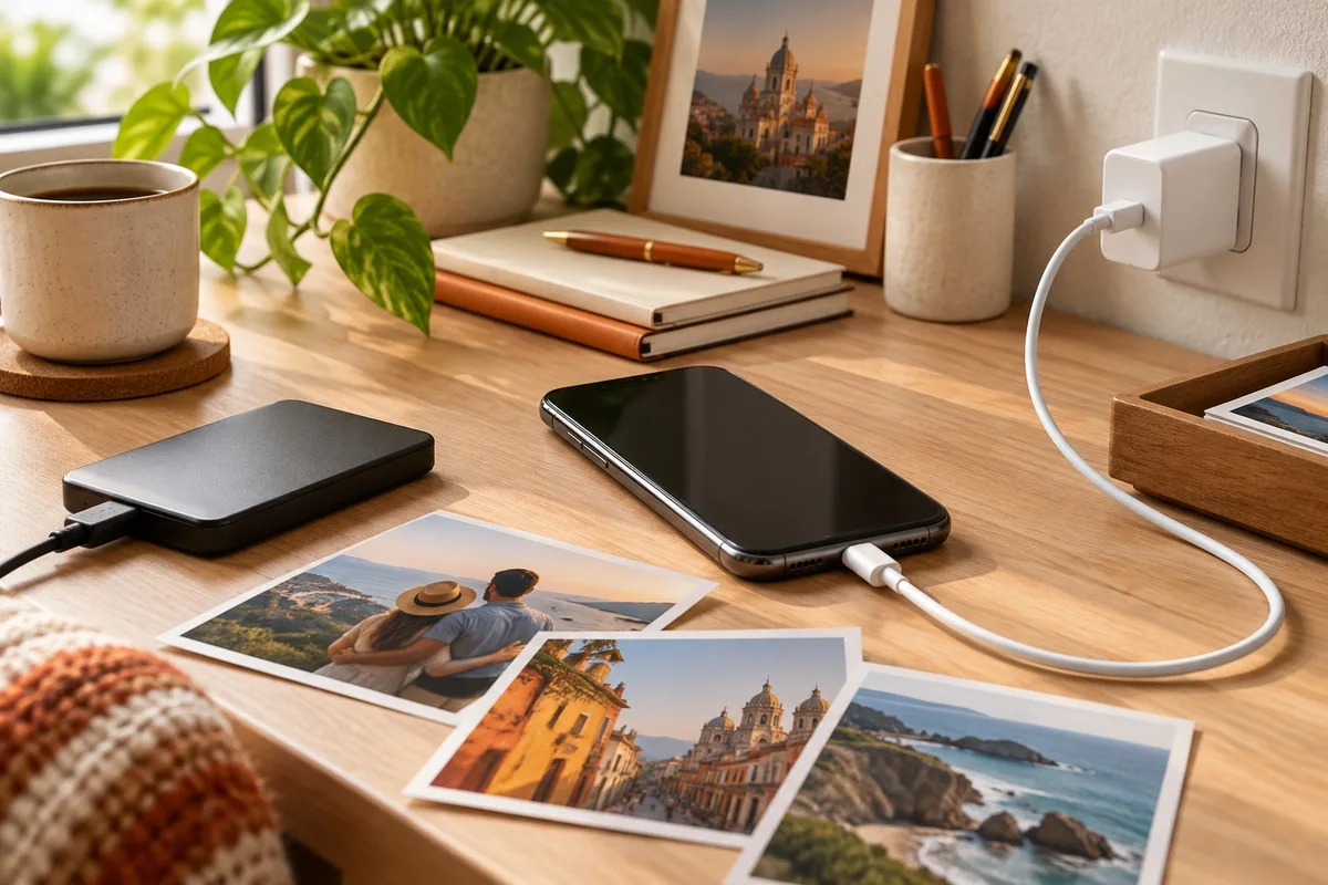 Accesorios para iPhone: teléfono cargando sobre un escritorio junto a almacenamiento externo y fotografías.