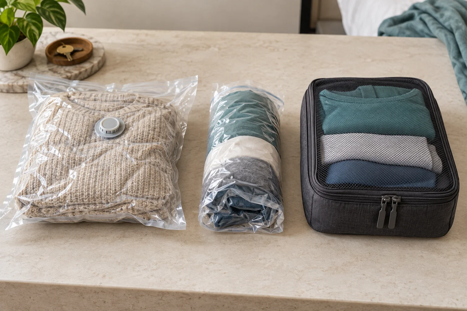 Bolsa al vacío con válvula, bolsa enrollada de compresión y cubo de tela con cierre, uno junto al otro