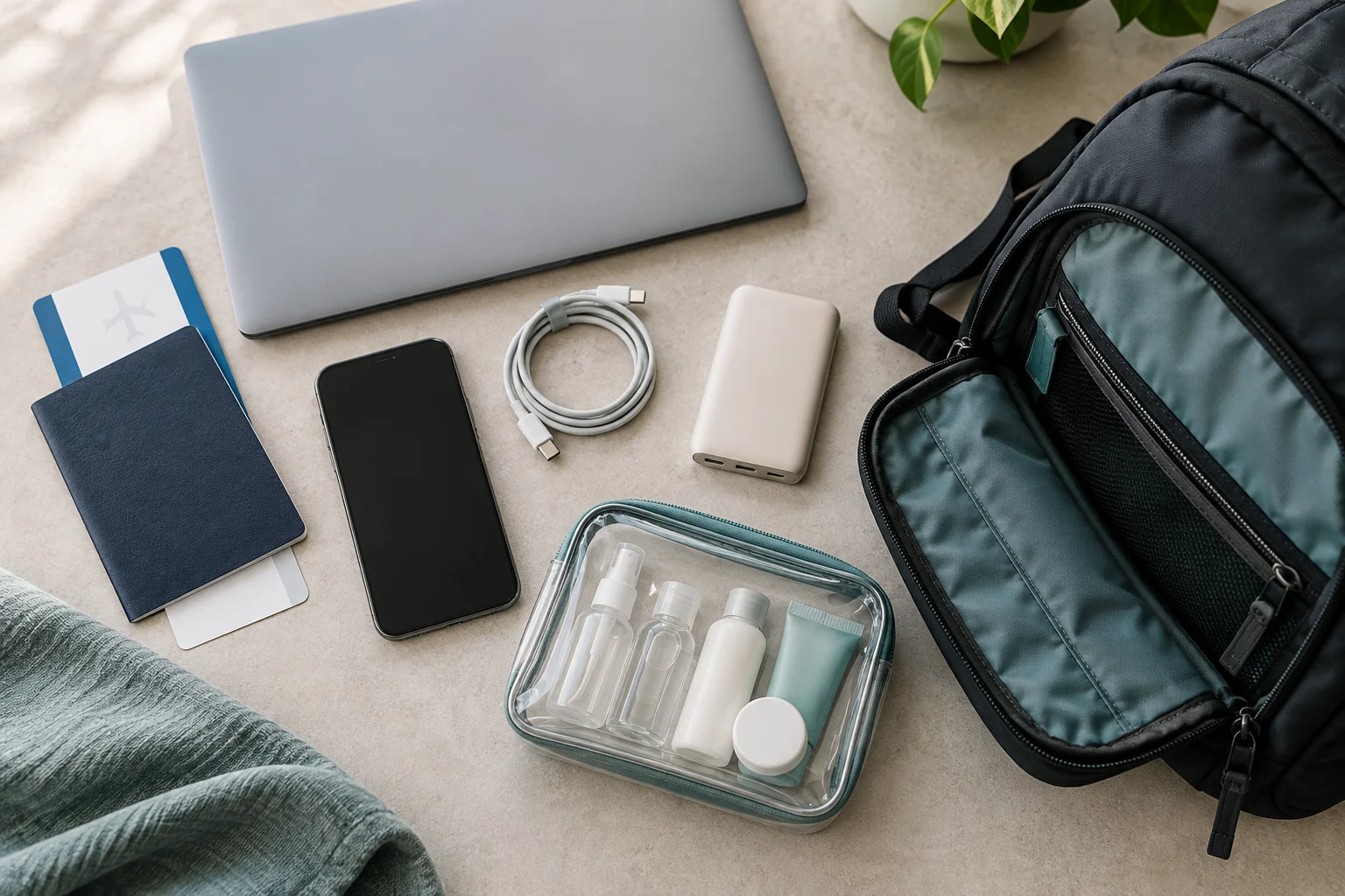 Pasaporte, laptop, celular, cargador y bolsa transparente de aseo junto a una mochila abierta