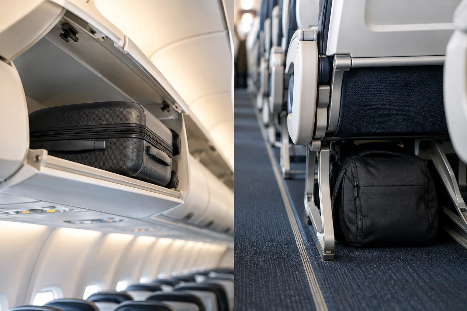 Maleta en el compartimiento superior del avión y mochila debajo del asiento delantero