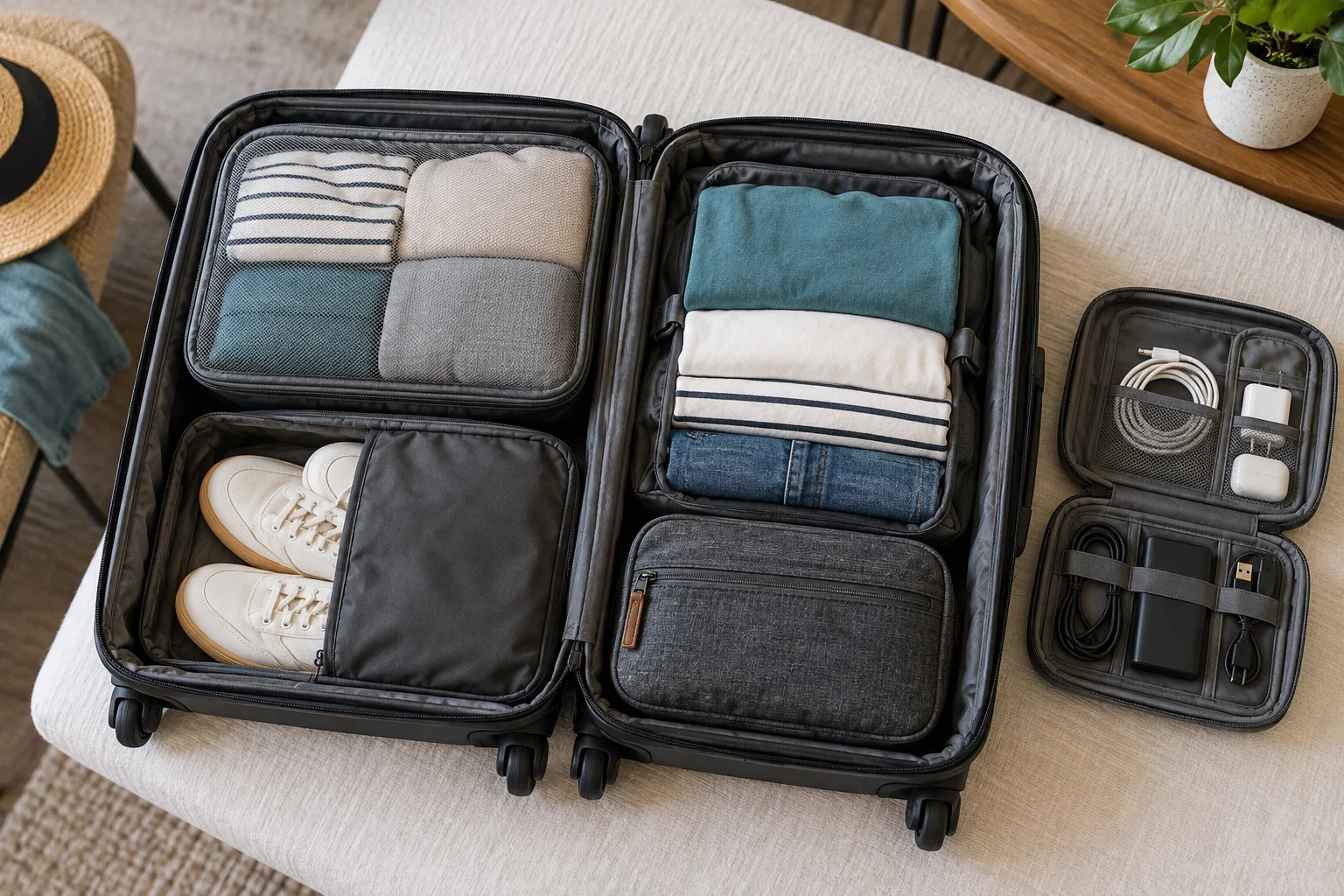 Maleta abierta con cubos organizadores, ropa doblada, zapatos separados y estuche para cables