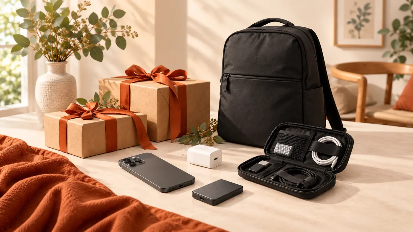 Mejores gadgets 2026 para regalar: mochila, teléfono, cargador, memoria externa y organizador de cables junto a cajas de regalo.