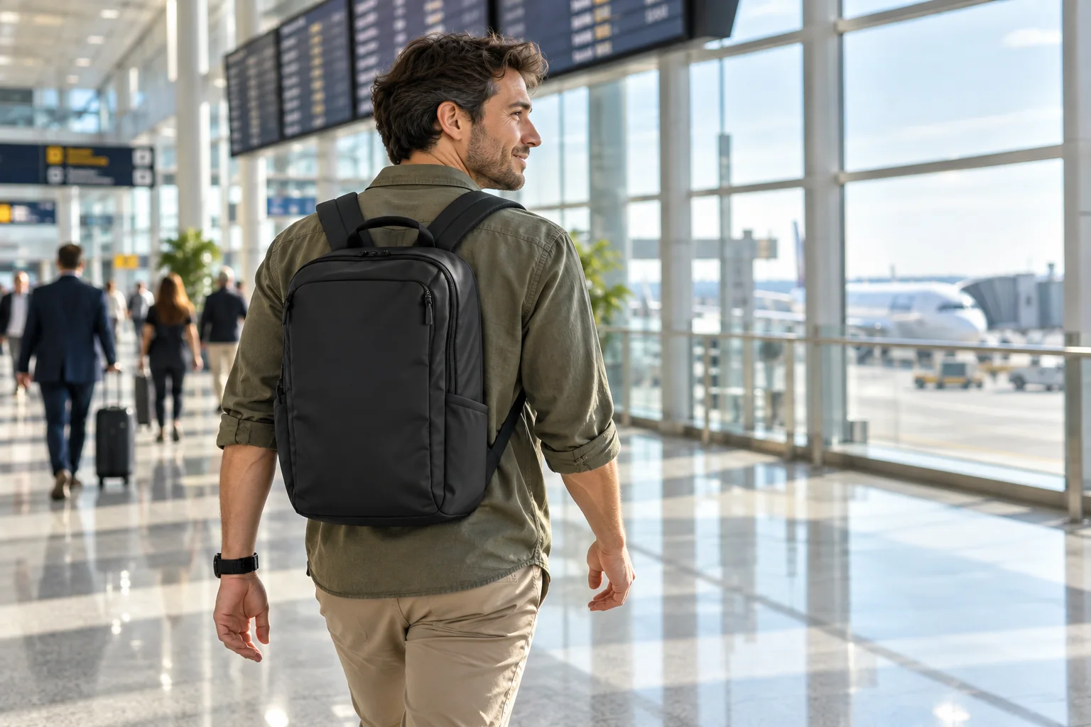 Viajero con mochila compacta y tirantes acolchados en un aeropuerto