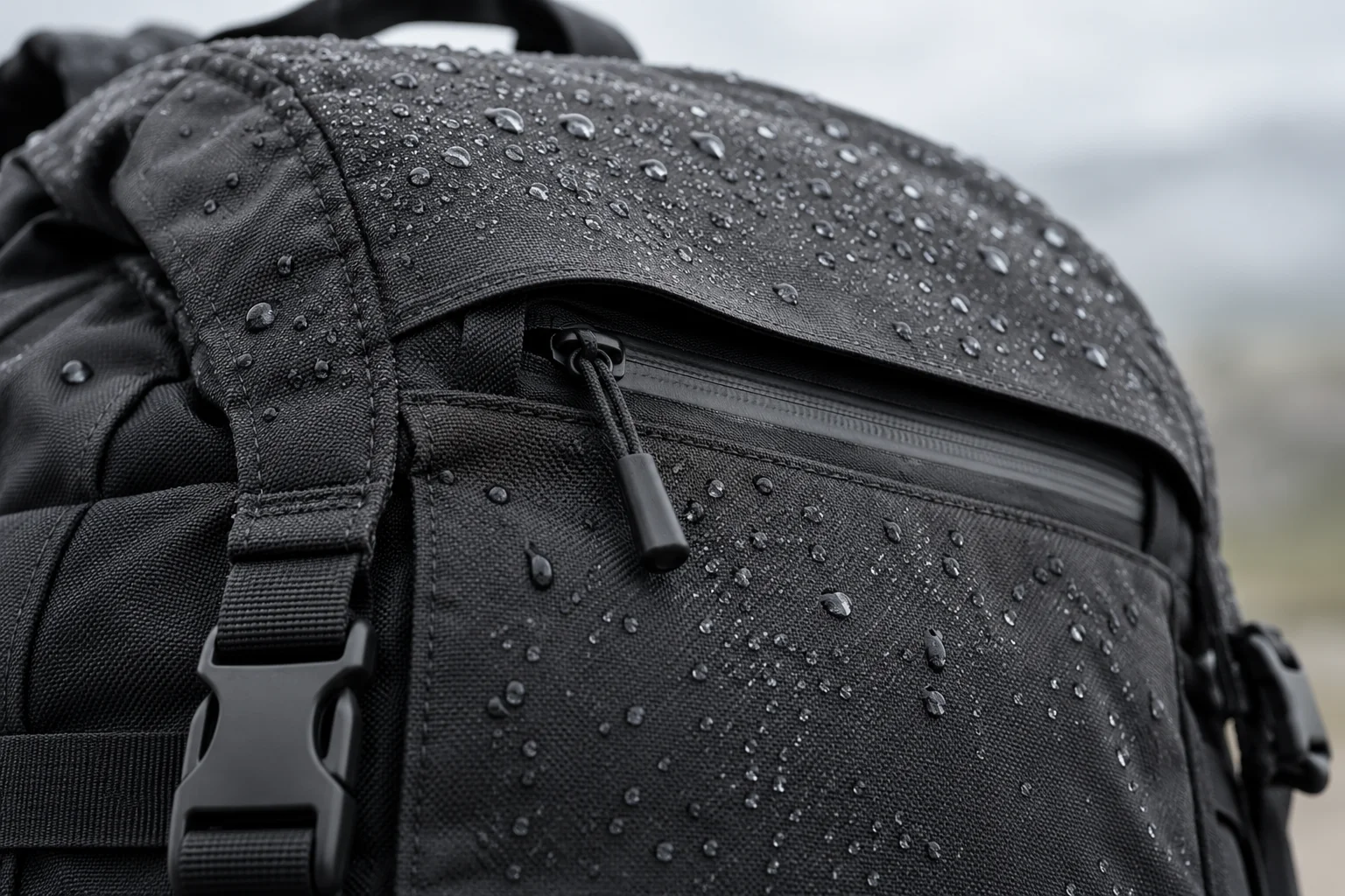 Gotas de agua sobre el tejido y el cierre protegido de una mochila de viaje