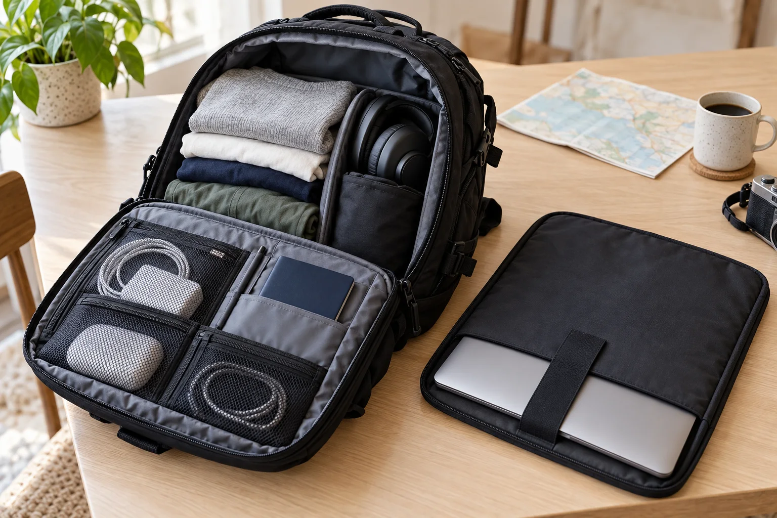 Mochila abierta con compartimentos para laptop, ropa y accesorios