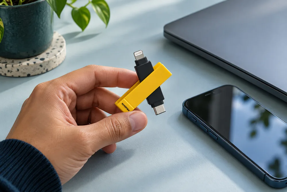 iXflash sostenido en una mano junto a un smartphone y una computadora.
